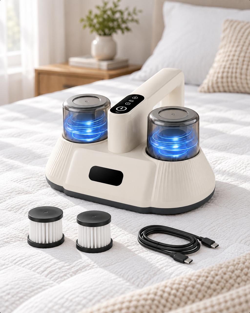 Luveira DeepClean cordless mattress vacuum on a freshly made bed