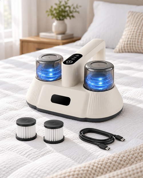 Luveira DeepClean cordless mattress vacuum on a freshly made bed