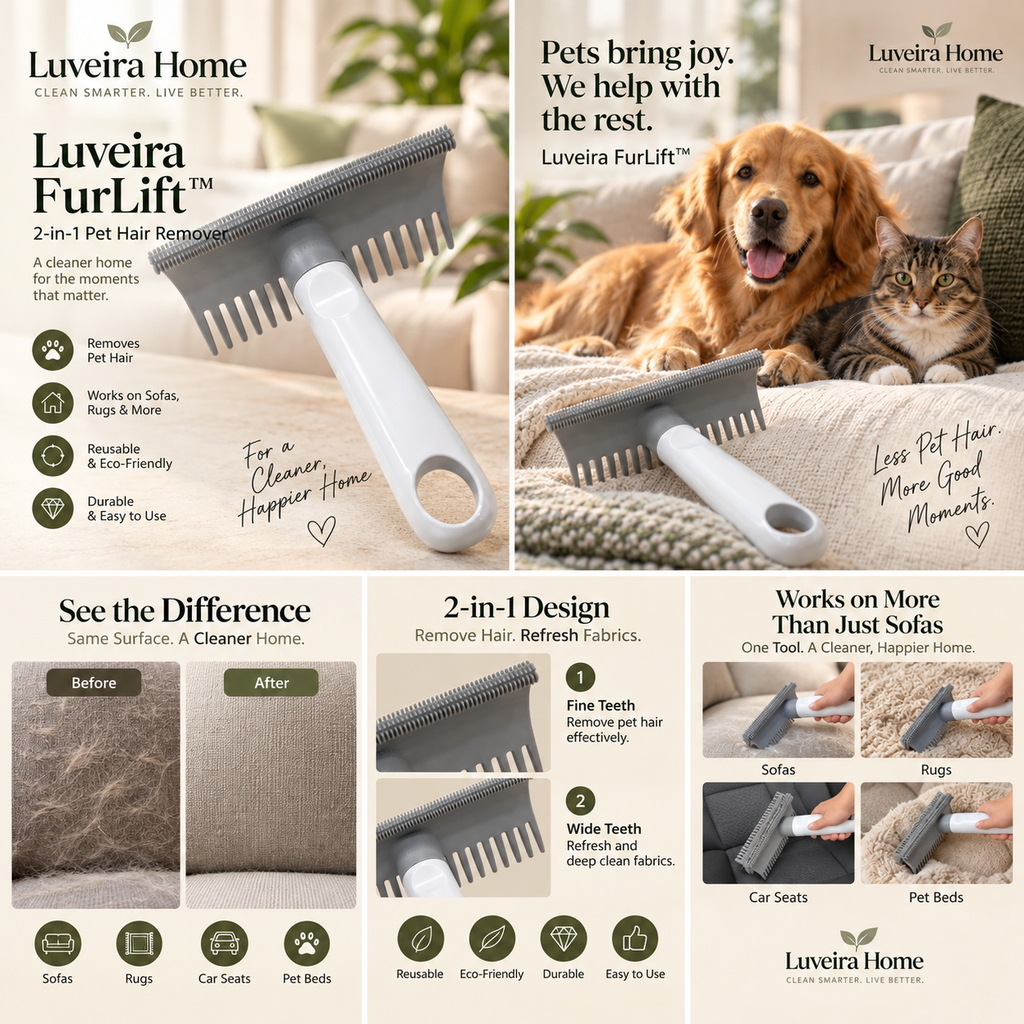 Luveira FurLift 2-in-1 pet hair remover benefits and use collage