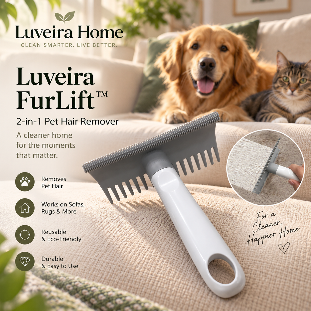 Luveira FurLift 2-in-1 pet hair remover on sofa with dog and cat